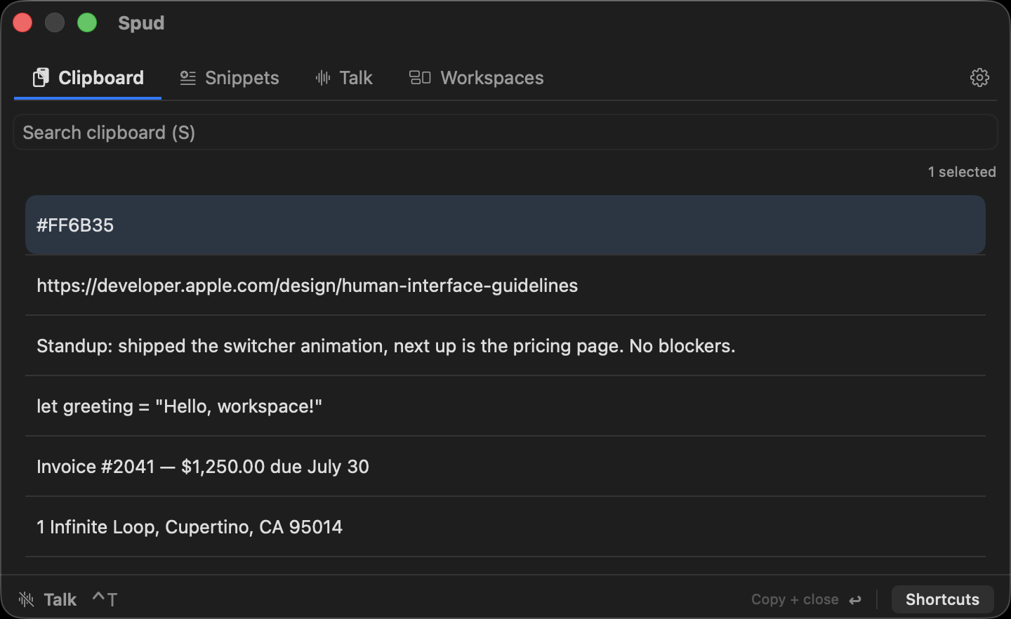 Spud's Clipboard tab: a searchable history of recent copies — a hex color, a link, standup notes, code, an invoice line, an address