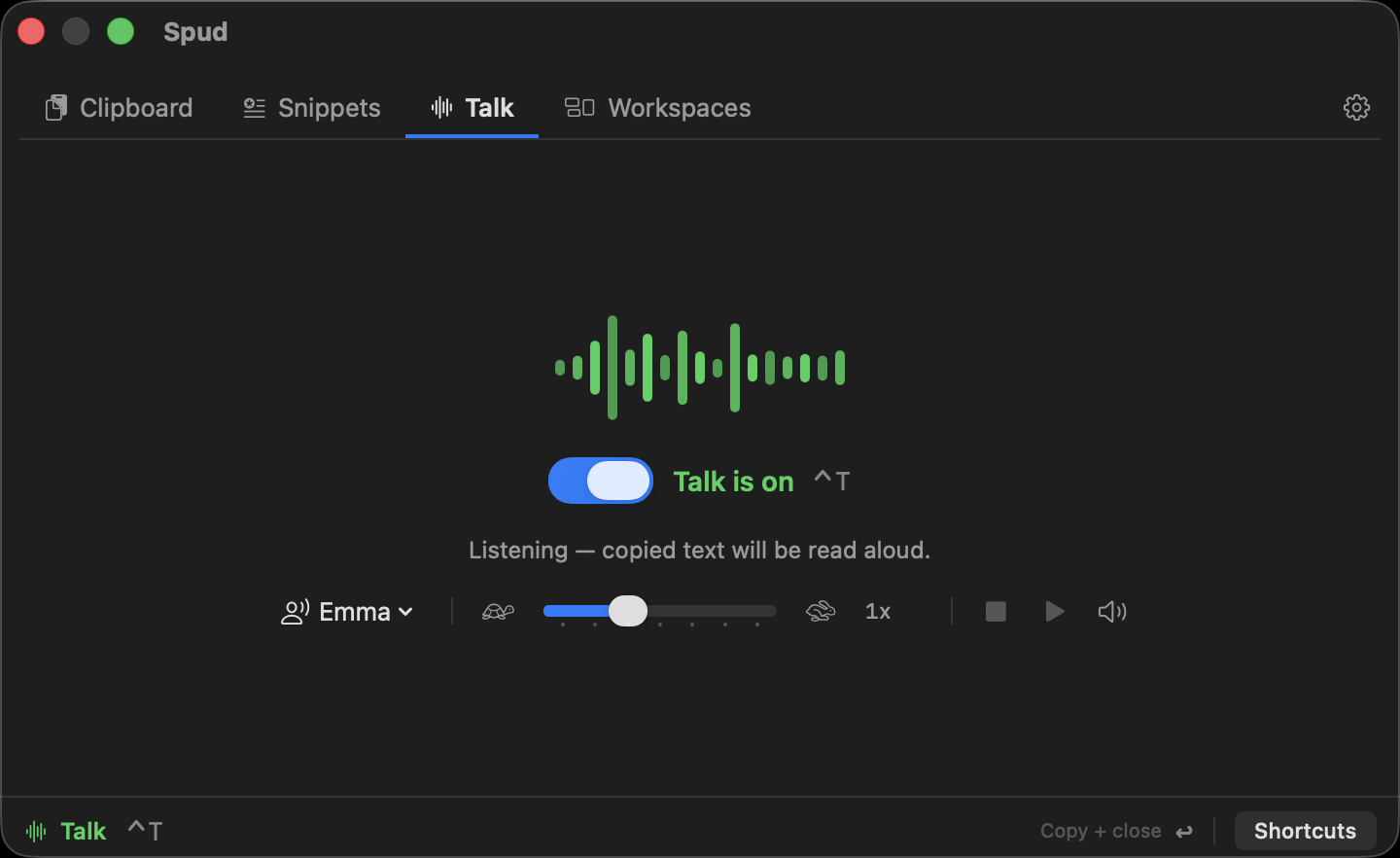 Spud's Talk tab: Talk is on and listening — copied text will be read aloud — with a voice picker and speed control