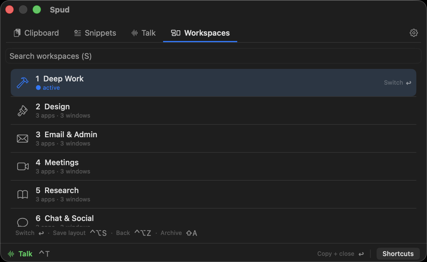 Spud's panel on the Workspaces tab: six numbered workspaces — Deep Work active — each one a saved layout you can switch to with a keypress